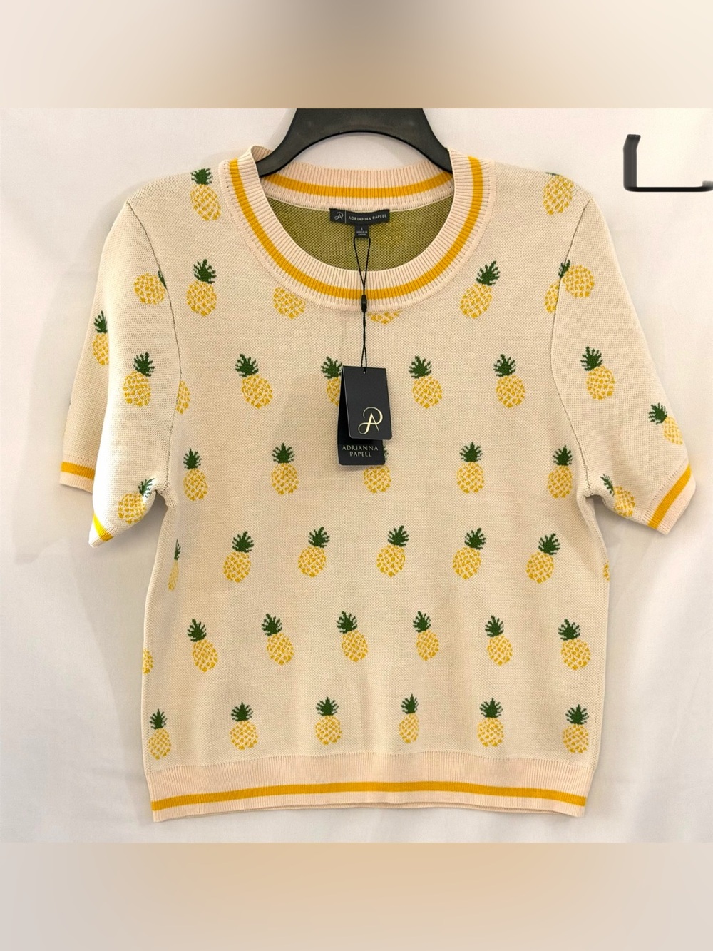 Adrianna Papell Cream Pineapple Knit Sweater with Yellow and Green